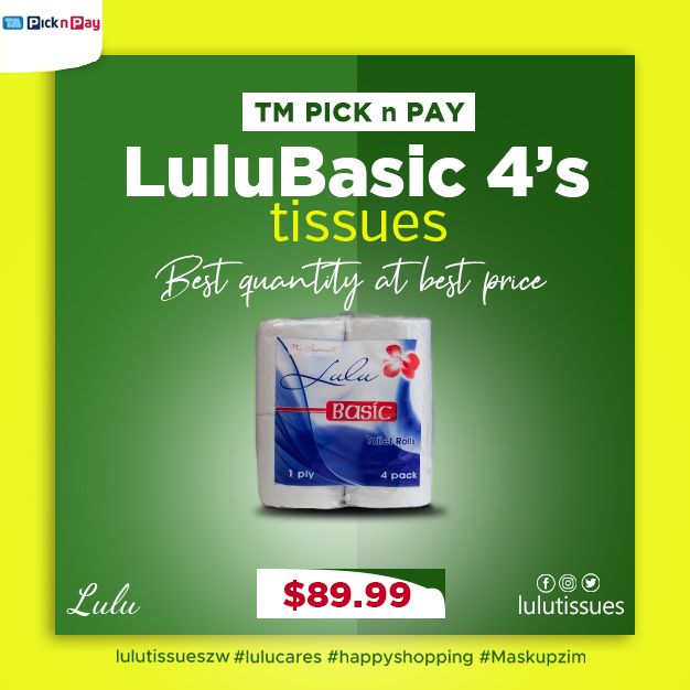 ‼️‼️Price Drop‼️‼️

Get your Lulu Basic 4's Tissue at a very low price in any TM PICK 'N' PAY retail outlet

#lulucares
#happyshopping
#MaskUpZim
#WCW