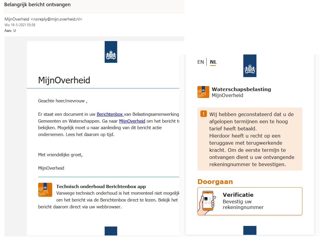 Let op: uit naam van MijnOverheid gaan nepmails rond over Waterschapsbelasting. Wie doorklikt wordt doorgeleid naar een nagemaakte DigiD-omgeving. Trap hier hier in, cybercriminelen zijn uit op je gegevens en geld → bnnvara.nl/kassa/artikele… #phishing #KassaTV