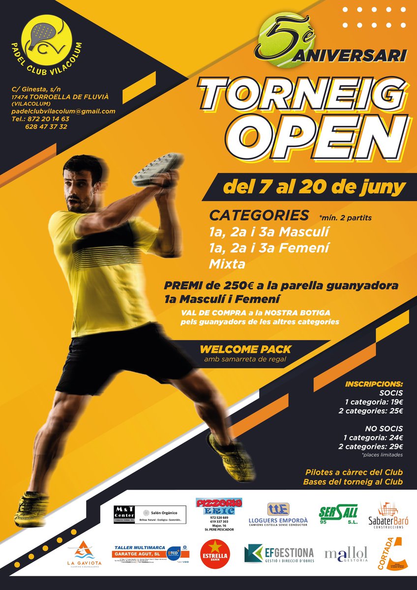 ClubVilacolum's tweet photo. Aquest any celebrem 5 anys i tornem amb més ganes que mai, donem gràcies als nostres  patrocinadors: M&amp;Tperruquers, pizzeria Erik, lloguers Empordà, Sersall, Sabaté Baró, Camping La Gaviota, Garatge Agut, Estrella Damm, EFGestiona, Gestoria Mallol i Cortada de Bascara. 💪🏻💪🏻 https://t.co/BXJSGTOK3f