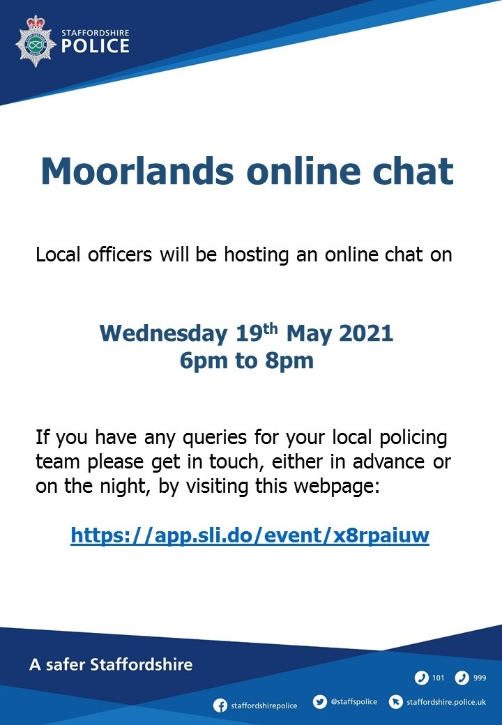 MoorlandsPolice's tweet photo. We will be holding our #Moorlands monthly online meeting between 6pm and 8pm. If you have any issues that you want to bring up with your #LocalOfficers then please send us your questions click https://t.co/Q3bZkil9o2 #Leek #Biddulph #Cheadle #NeighbourhoodPolicing https://t.co/2uh8LtRBDz