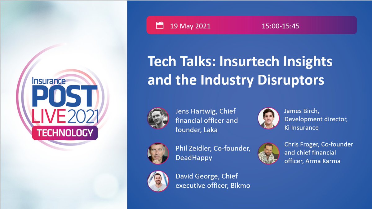 Insurance_Post's tweet photo. LIVE AT 15:00: Our 2nd session of the Insurance Post LIVE Technology Conference with speakers from Laka, Ki Insurance, DeadHappy, Bikmo and Arma Karma. Tune in: https://t.co/vptHrRaVON #PostLIVE21 https://t.co/77WhCgBYvl