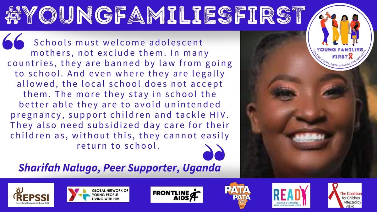 “The more [adolescent mothers] stay in school the better able they are to tackle #HIV.” Sharifah, peer supporter tells @childrenandHIV. Share the #YoungFamiliesFirst campaign & join the champions' network: bit.ly/YoungFamiliesF…
@REPSSI @teampata  @Yplus_Global #weareready