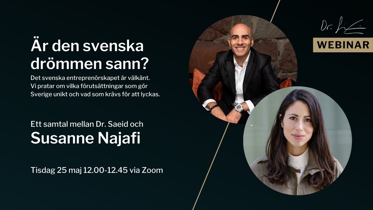 Välkommen på ett webinar nästa tisdag med mig och <a href="/SusanneNajafi/">Susanne Najafi</a>, grundare av <a href="/backingminds/">BackingMinds</a>, där vi samtalar om Sverige som innovationsland, samt vad vi kan göra för att öppna upp möjligheterna till ”den svenska drömmen” för hela Sverige.

Anmälan: …-saeid-susanne-najafi.confetti.events