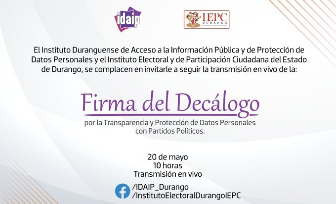 IDAIP_DURANGO's tweet photo. Buen día 🔎| El @IDAIP_DURANGO y el @IEPCDurango vamos a Firmar el Decálogo por la Transparencia y la Protección de los Datos Personales con #PartidosPolíticos, este:
🗓  Jueves 20 de mayo
⏲️ 10 am
📍Instalaciones del #IEPC https://t.co/tafTESRNz0