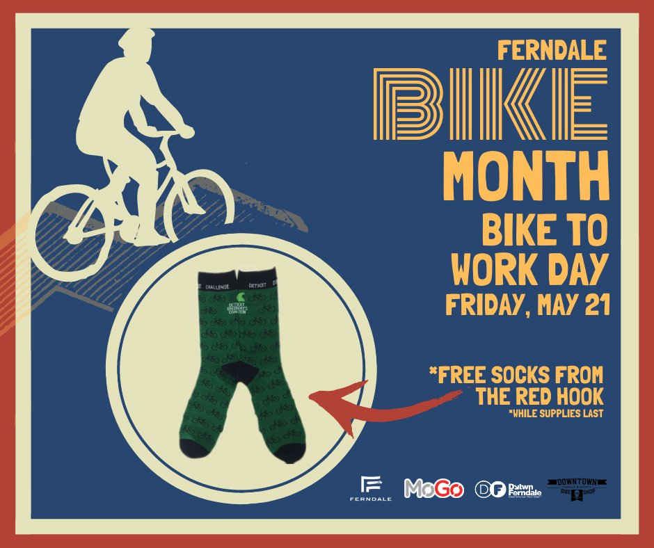 FerndaleMich's tweet photo. Friday, May 21 is National Bike to Work Day! If you’re not going to the office, bike to your favorite local business. Register by Wednesday, May 19 for the Bike to Work Day event to receive free custom Detroit Bike Challenge socks from The Red Hook! 🚴 https://t.co/DbsfhLNwlG https://t.co/2hrtZ2xGDY