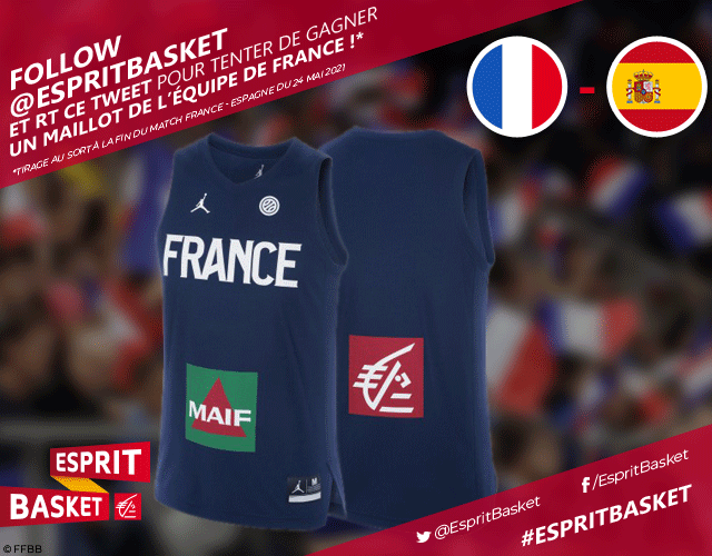 EspritBasket's tweet photo. Suite du duel France 🇫🇷 - 
🇪🇸 Espagne, nouvelle chance de gagner un maillot des Bleues !

Rien de plus simple 👉 follow @EspritBasket + retweet ! Good luck 🤞

#EspritBasket https://t.co/fKiZYr4Hzq