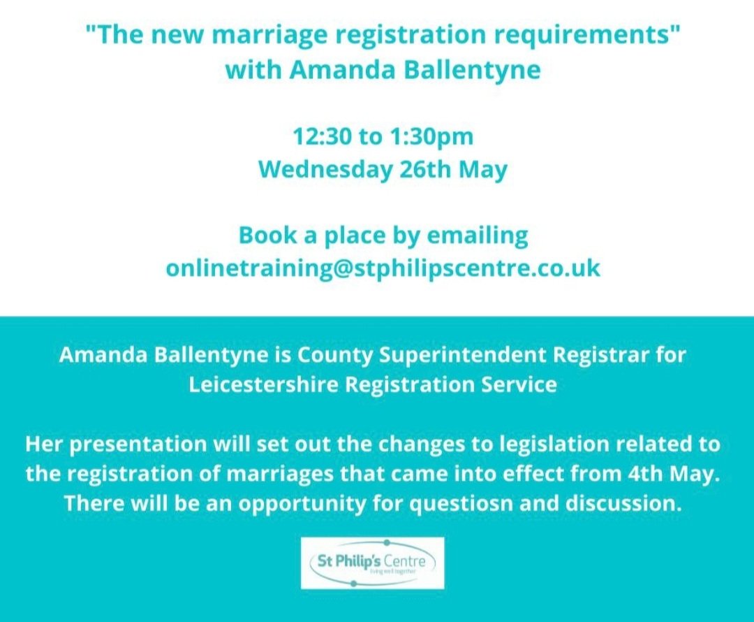 RegOurMarriage's tweet photo. Register your interest for this upcoming presentation next Wednesday to find out the new #marriage #registration requirements @SPCLeicester #registry #civil https://t.co/PXtsU0SQcY