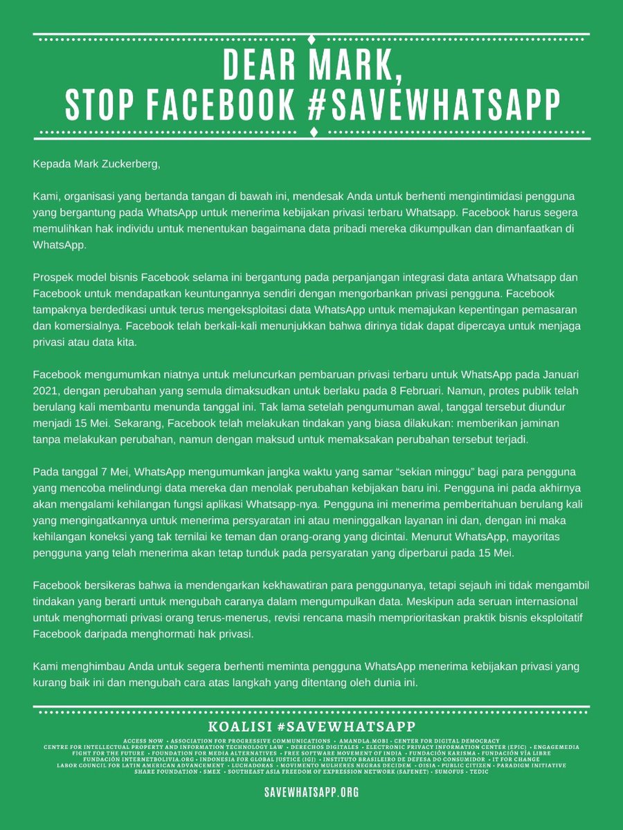 Stop Facebook, #SaveWhatsapp 

Silakan membaca surat terbuka kami dan RT bila kamu setuju untuk mendukung kritik kami ke <a href="/WhatsApp/">WhatsApp</a>