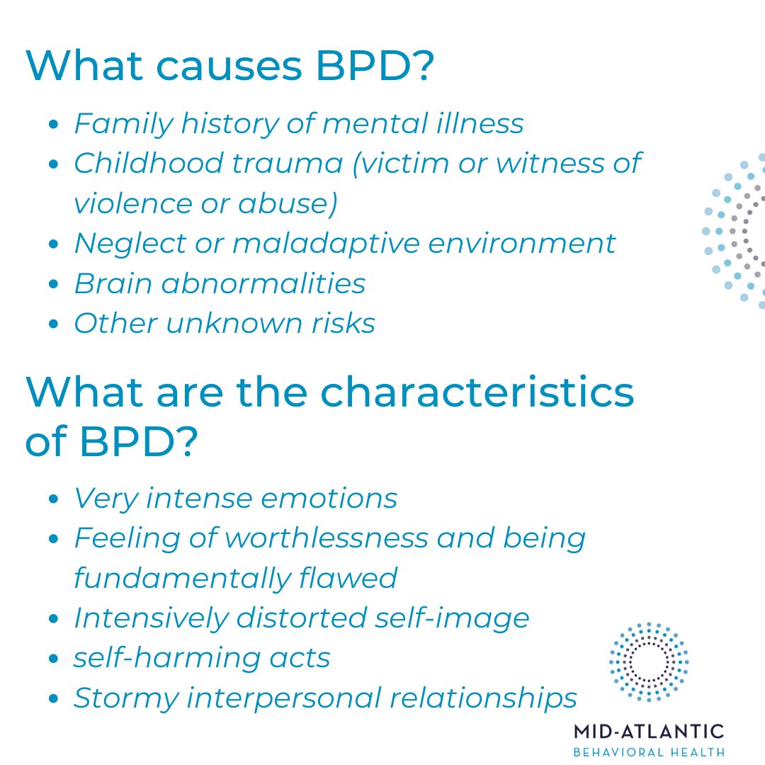 MidAtlanticBH's tweet image. As Borderline Personality Disorder Awareness Month continues, we look at common causes and characteristics of those with BPD. 

To learn more, you can visit The National Education Alliance for Borderline Personality Disorder here: borderlinepersonalitydisorder.org/what-is-bpd/bp…

#MidAtlanticBH