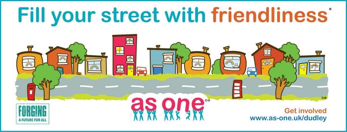 asoneukcampaign's tweet photo. As One banners are hitting the streets today all over Dudley @dudleymbc - the first of many areas in the UK to take our key message to their whole population. Lots of targeted events will follow later in the year to help people fill their street with friendliness!😁#asonedudley https://t.co/GpYzuCIxQF
