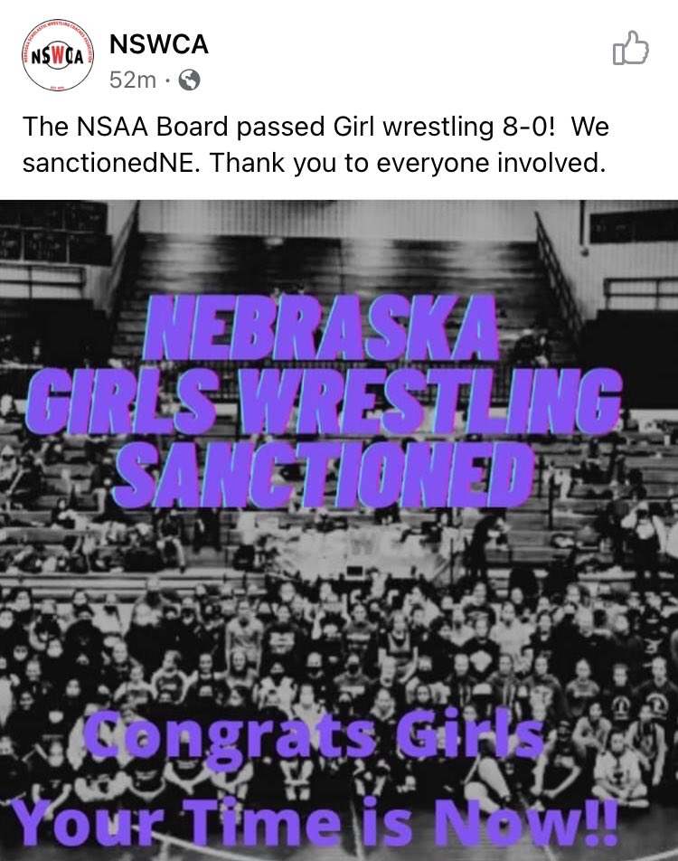 Great news out of Nebraska with <a href="/nsaahome/">NSAA</a> officially sanctioning girls wrestling .,great work by <a href="/rhigdon126/">Ron Higdon</a>