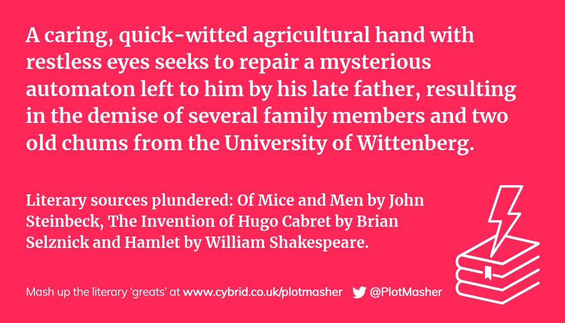 PlotMasher's tweet photo. 📚 I made this splendid literary mashup at @PlotMasher. For #PlotIdeas, #PlotPrompts or #WritersBlock, mashup your own at --> https://t.co/qWbi3pT1II <-- #JohnSteinbeck #BrianSelznick #WilliamShakespeare #Mashup #Books #Literature https://t.co/PXJizq1Y7H