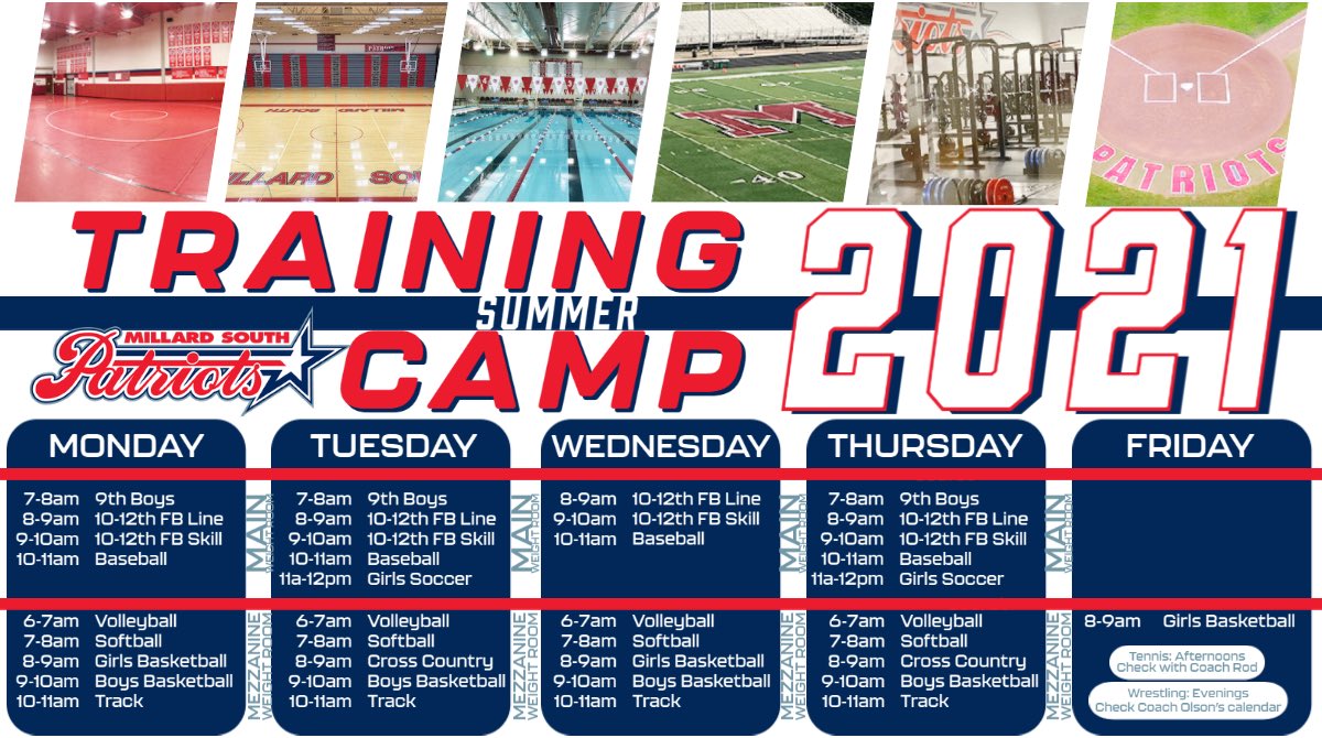 Summer 2021 Training Schedule. Most groups start Tuesday, June 1st.
<a href="/MSHSactivities/">Millard South Activities</a> 
<a href="/MSPatriotsTrack/">Millard South Track</a> 
<a href="/hoopsMS/">Millard South Hoops</a> 
<a href="/MSXCDistance/">Millard South Cross Country</a> 
<a href="/MSfroshfball/">MSfroshfball</a> 
<a href="/MSPatriotTennis/">Millard South Tennis</a> 
<a href="/PatriotsWrestle/">Patriot Boys Wrestling</a> 
<a href="/MSPatriotsSB/">MS Patriots Softball</a> 
<a href="/MSPatriotsTrack/">Millard South Track</a> 
 <a href="/patriotsgbball/">Millard South GBB</a> 
<a href="/mshssportsmed/">MSHSsportsmed</a> 
<a href="/MSouthGSoccer/">PatriotsGirlsSoccer</a> 
<a href="/MSHS_Baseball/">MS Patriots Baseball</a>