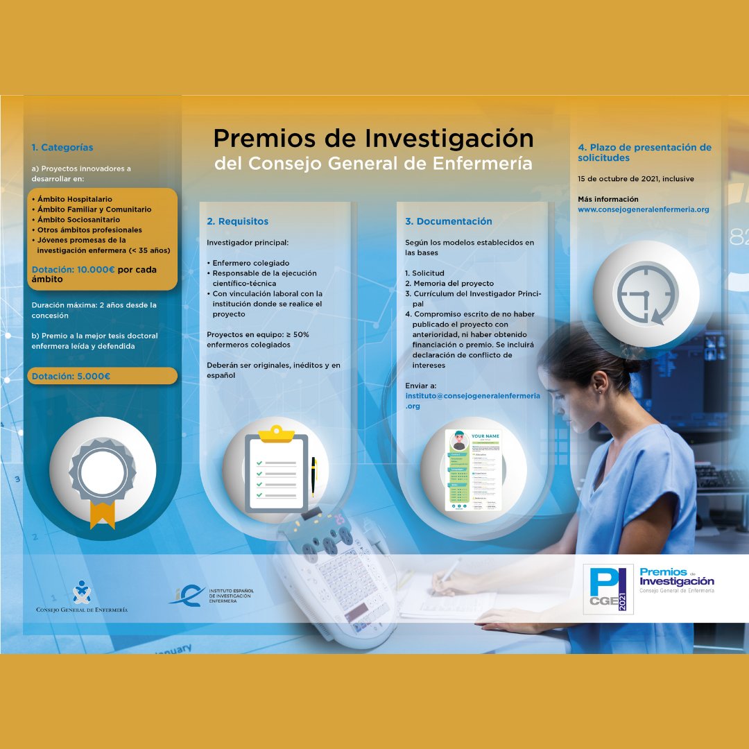🎖️El <a href="/CGEnfermeria/">Consejo General de Enfermería</a> lanza sus #PremiosInvestigacionCGE para fomentar la #InvestigaciónEnfermera

👩‍⚕️¡Es el momento de dar el paso de la investigación!

Consulta aquí las bases: bit.ly/BasesPremiosCGE