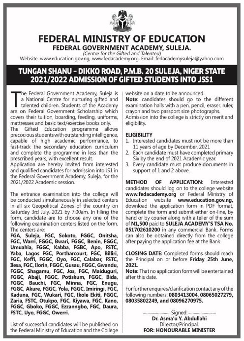 NigEducation's tweet photo. Call for Applications: FEDERAL GOVERNMENT ACADEMY, SULEJA
2021/2022 Admission of gifted students into JSS1
Apply Here-https://t.co/ezTnxAQvkY https://t.co/oLNkYSHjwt