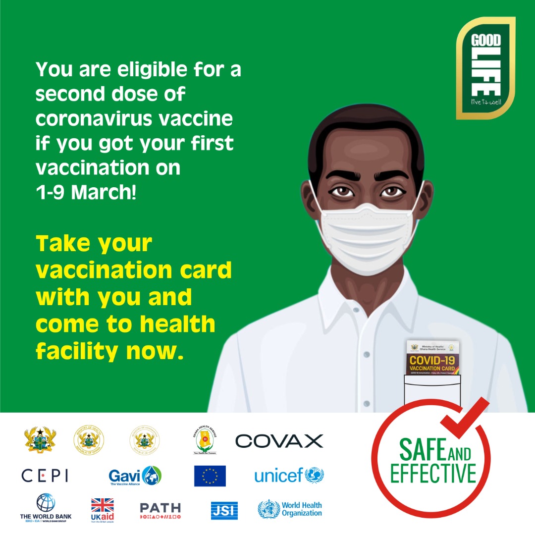 UNICEFGhana's tweet photo. If you took the first dose of the #COVID19 vaccine between 1st and 9th March, you're eligible for the second dose now.

Don't forget to take your vaccination card with you to the health center.

#OnlyTogether

@Gdlifeghana @_GHSofficial @mohgovgh https://t.co/OXaLHLMBYh