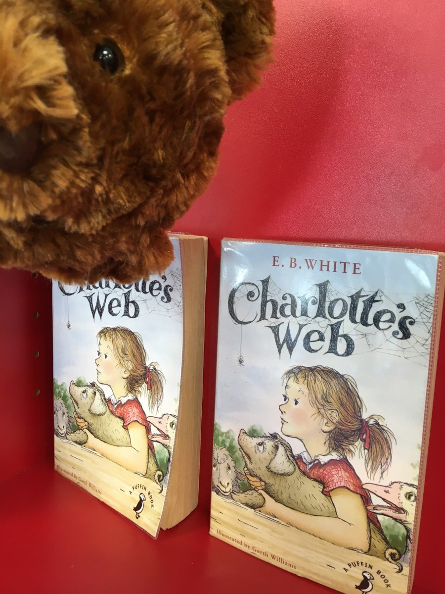 GodalmingLib's tweet photo. Our junior book of the week is Charlotte's Web written by E. B. White and illustrated by Garth Williams. Can you spot Bertram our library bear? #juniorbookoftheweek #librarybear #bearphotobomb #bertramthebear #surreylibraries #godalminglibrary 📚🐻🧸 https://t.co/XjI90lJ0Ux