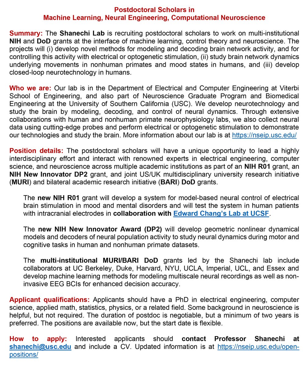 Maryam Shanechi (@maryamshanechi) on Twitter photo 🎉Postdoctoral Positions Available🎉
Combine novel machine learning & control methods with cutting-edge brain recordings & electrical/optogenetic stimulation in humans and NHP to develop neurotech & study brain network dynamics
Send CV to shanechi@usc.edu
Details👇 Pls Retweet 🎉Postdoctoral Positions Available🎉
Combine novel machine learning & control methods with cutting-edge brain recordings & electrical/optogenetic stimulation in humans and NHP to develop neurotech & study brain network dynamics
Send CV to shanechi@usc.edu
Details👇 Pls Retweet