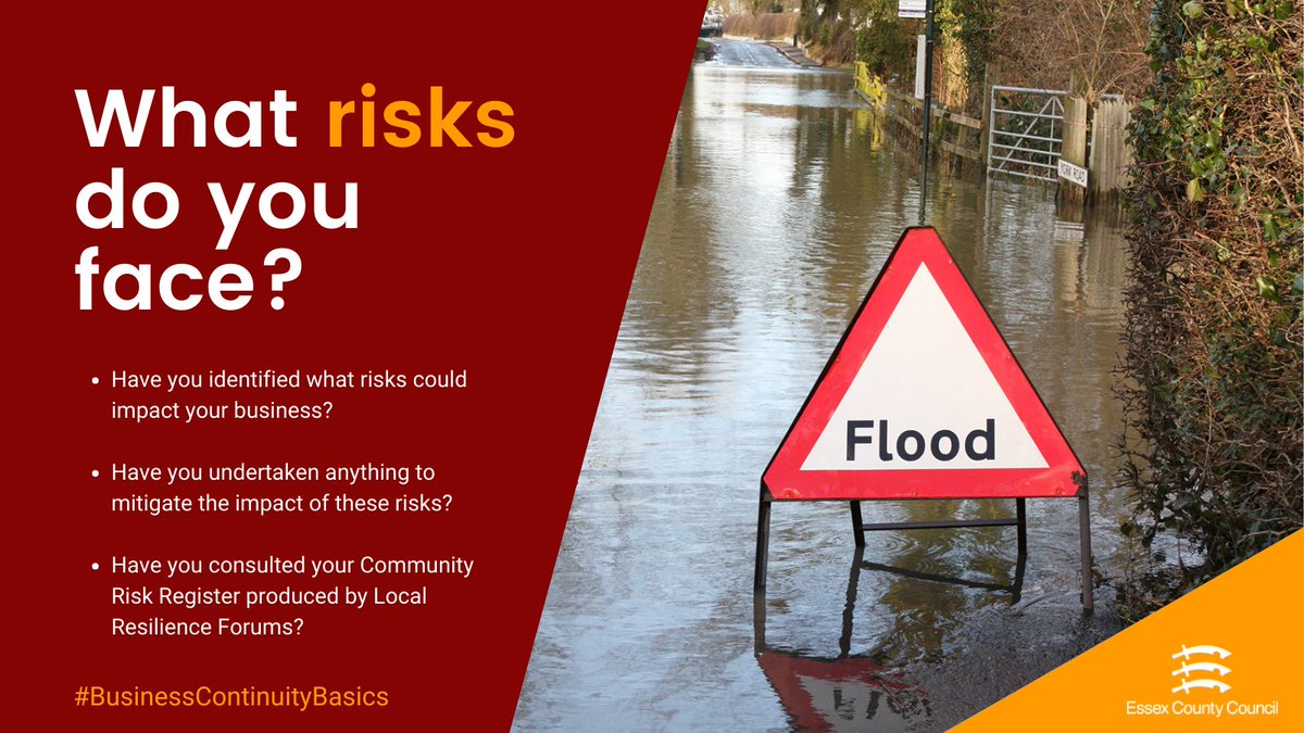 Fires, flooding, power outages, cyber attacks... do you know what risks could impact your business? 🔥💧⚡

Why not take a look at the Essex Community Risk Register to see what hazards can impact our County. ow.ly/1Tsm50EJPvz

#BusinessContinuityBasics #BCAW2021