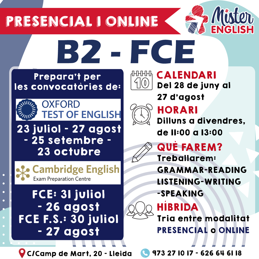 MrEnglishLleida's tweet photo. 🇬🇧 FCE SUMMER EXAM PREPARATION 🇬🇧 Necessites el nivell del B2-FCE per acabar la carrera o anar a treballar a l'estranger? No dubtis més i aconsegueix aquest títol d'anglès amb les nostres classes ONLINE o PRESENCIALS 100% in English! https://t.co/uzk8iryuCa