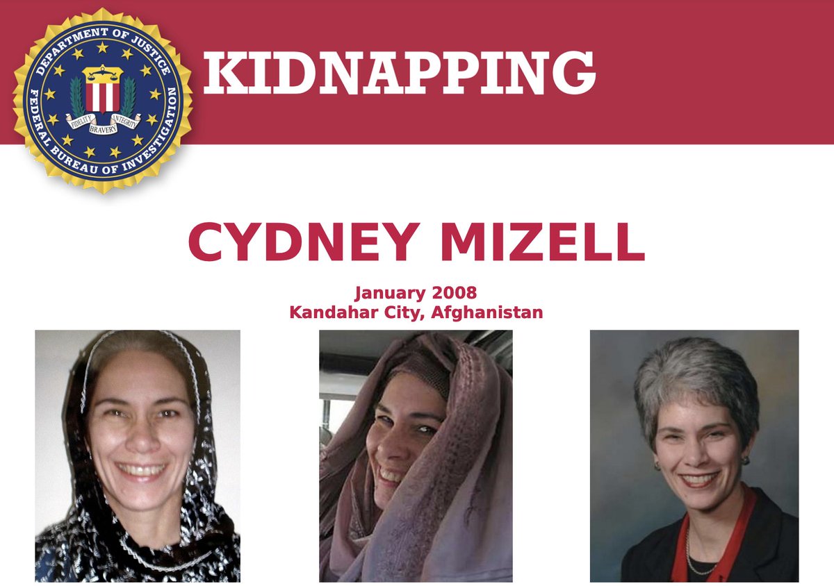 FBI's tweet photo. A reward of up to $5 million is available for information leading to Cydney Mizell's location, recovery, and return. Mizell and her driver were abducted in Afghanistan in 2008 and likely killed by their captors. Submit tips at https://t.co/iL7sD5efWD. https://t.co/Go6KqyT7pY https://t.co/6F828YHmDC