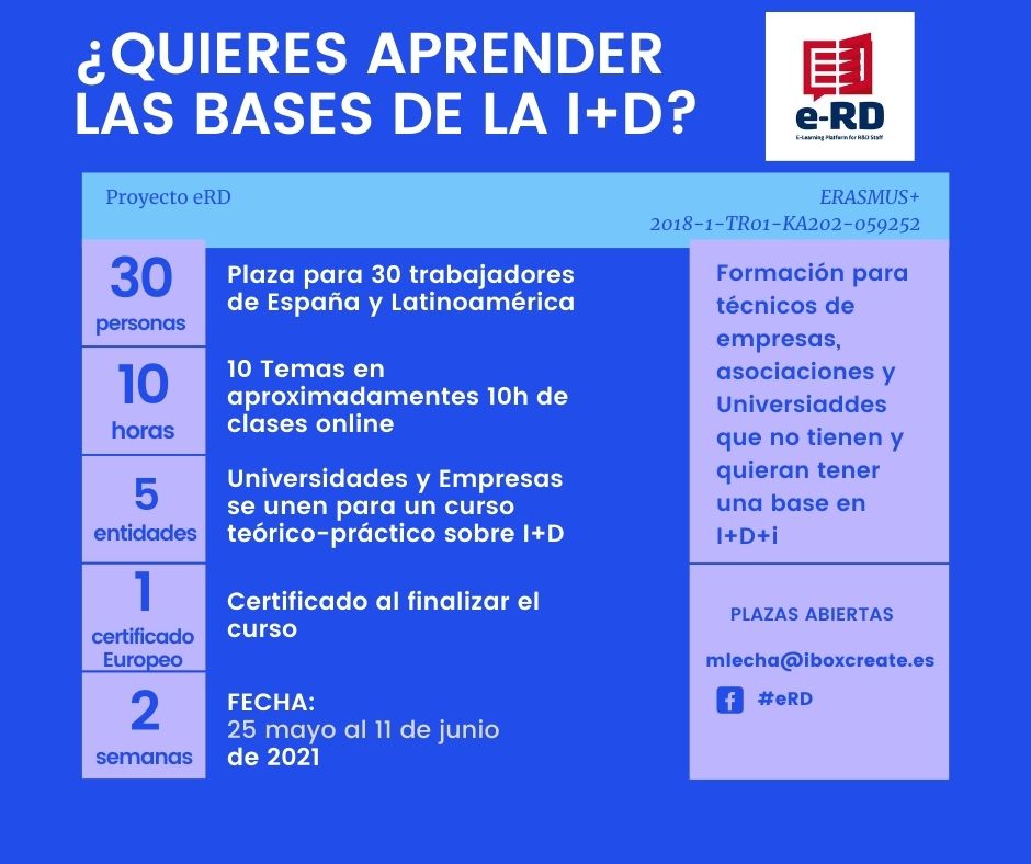 erdplatform's tweet image. 🏃‍ 🏃‍ 🏃‍ CORRE!!!!
🔉 Reserva tu plaza para este curso gratuito sobre I+D
📆 NUEVAS FECHAS: 24 mayo a 8 de junio: decide cuándo puedes y dedícale 10 horas en este periodo de tiempo
📬 Contacta para más info: mlecha@iboxcreate.es