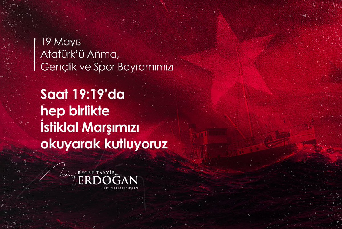 Bu akşam saat 19:19’da, Türkiye’nin her yerinde vatandaşlarımızla birlikte, yürekten gelen bir sesle İstiklâl Marşımızı okuyacağız. 

Gelin, 19 Mayıs Atatürk’ü Anma, Gençlik ve Spor Bayramımızı, kurtuluş mücadelemizin ruhunu temsil eden bu dizelerle kutlayalım. 🇹🇷