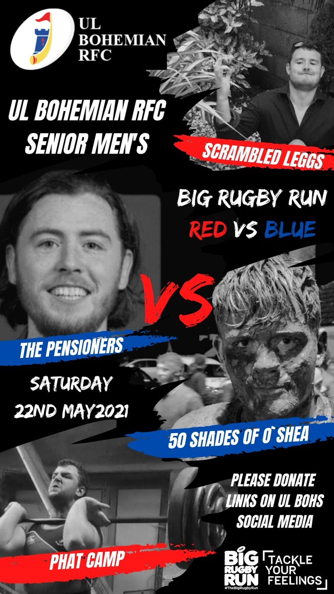 With only 3 days to go before the <a href="/TheBigRugbyRun/">#TheBigRugbyRun</a> we would like to introduce our men`s teams - with four teams they join our girls in the battle of Red vs Blue in aid of <a href="/TYFIreland/">TYF</a>. Please support our 60 Senior Players and Coaches covering over 252KM - link in our Bio to support