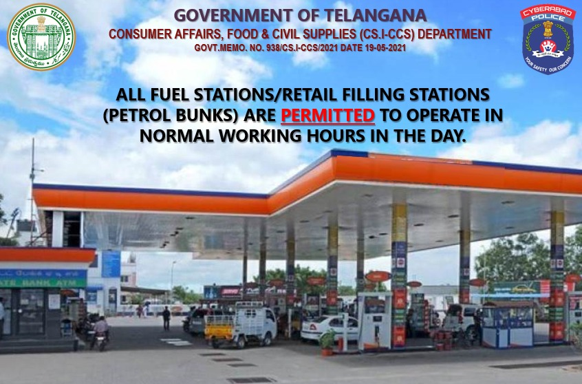 cyberabadpolice's tweet image. All #Fuel Stations/Retail Filling stations (Petrol bunks) are #Permitted to operate in normal working hours in the day.
 
@TelanganaCMO @TelanganaDGP @TelanganaCOPs
