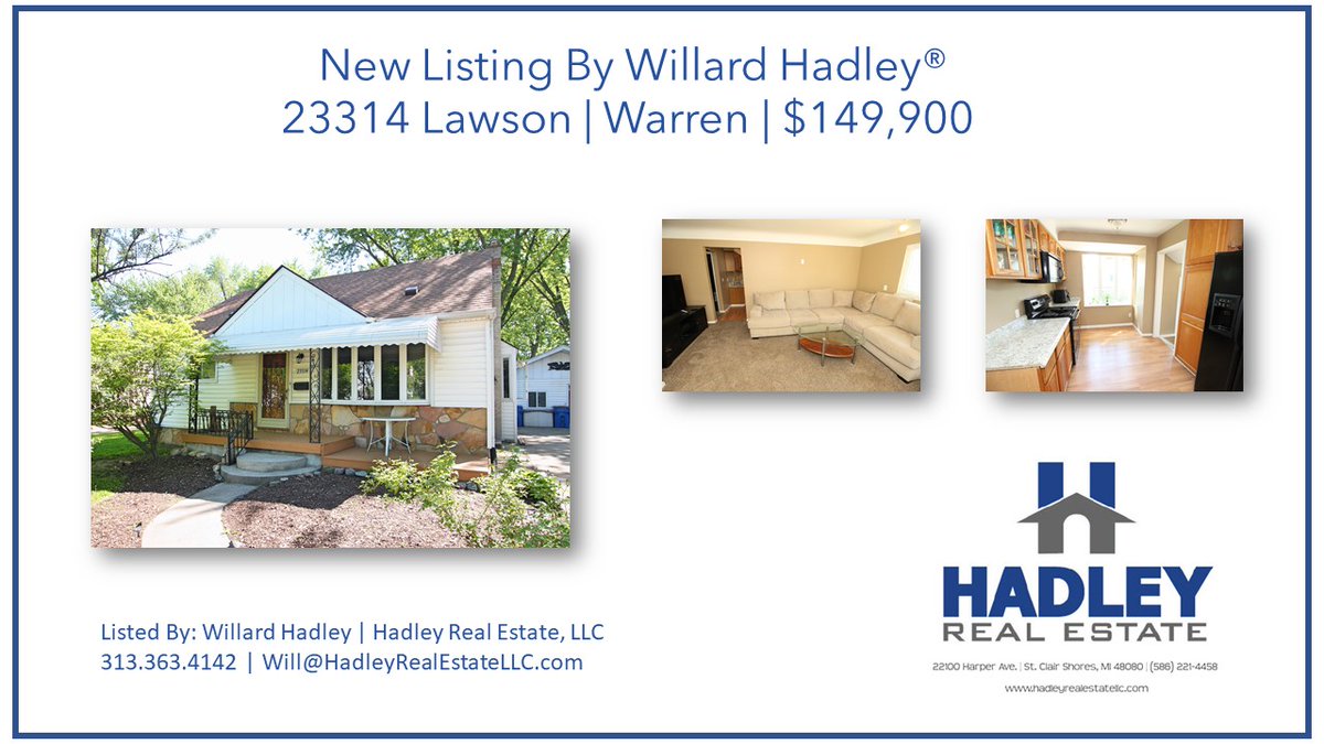 HadleyReal's tweet photo. #NewListing in Warren

$149,900
3 beds | 1.1 baths
Bungalow | Large lot 

Listed By:
Willard Hadley 313.363.4142
will@hadleyrealestatellc.com

https://t.co/334rkrQ5oG
#hadleyrealestate #welcomehome #warren #homesforsale #soldbyhadley https://t.co/8jFze4aAPA