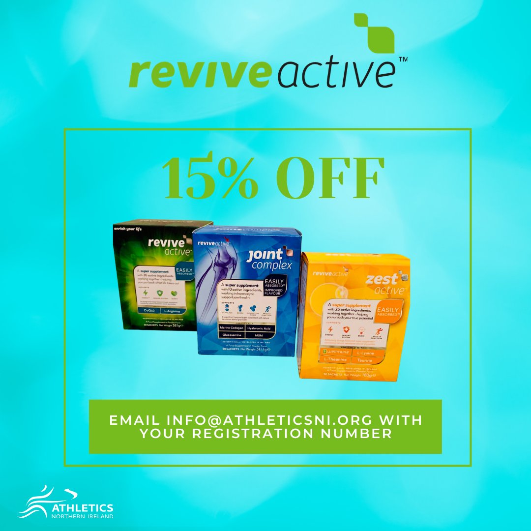 Athletics NI (@athleticsni) on Twitter photo 🌟 Get 15% off <a href="/ReviveActive/">Revive Active</a>🌟
All registered Athletics NI members get 15% discount to for on Revive Active products, such as their Revive Active, Joint Complex and Zest Active.
Simply email your name & registration number to: info@athleticsni.org
#HappyWednesday 🌟 Get 15% off <a href="/ReviveActive/">Revive Active</a>🌟
All registered Athletics NI members get 15% discount to for on Revive Active products, such as their Revive Active, Joint Complex and Zest Active.
Simply email your name & registration number to: info@athleticsni.org
#HappyWednesday