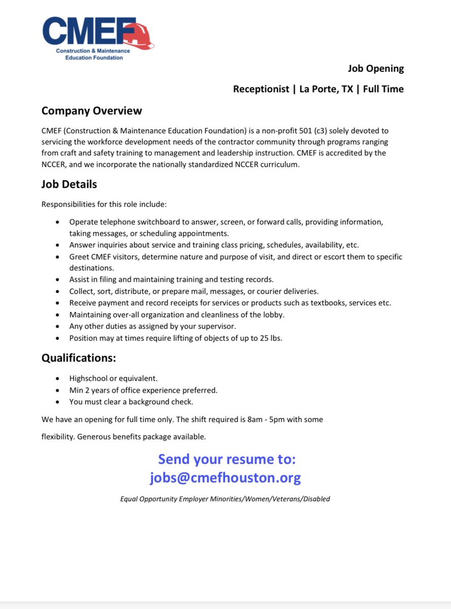 CMEF is hiring a receptionist. This will be a full time position with benefits available. The shift required is 8am-5pm with some flexibility. If interested please email your resume to jobs@cmefhouston.org.
