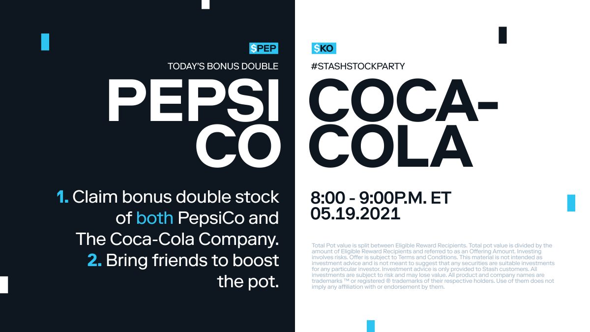 Stash's tweet photo. But don’t worry, you can own shares of both.

Bonus $KO and $PEP stock tonight at the #StashStockParty. 

8 p.m. ET. https://t.co/itRKsNPGPc https://t.co/WPknGck8HV