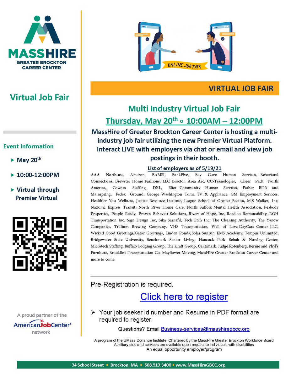 MassHireGBCC's tweet image. We are less than 24 hours from the Spring Job Fair. There is still time for you to register, simply scan the QR code. #SpringJobFair #MassHireGBCC