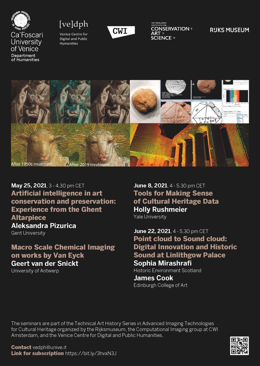 TechArtHis's tweet image. Delighted to announce three more sessions in our #technicalarthistory series on digital methods. First up May 25th @ 3 pm CET. Get the link here: bit.ly/3hvxN3J for two great talks on #JanVanEyck using #AI and #macroXRF imaging
@venicedph @rijksmuseum @CWInl @NWO_SSH