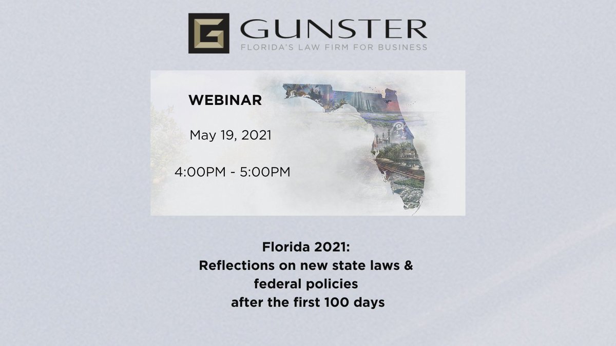 GunsterLaw's tweet image. Last chance to register for Gunster's webinar on key takeaways from the #FloridaLegislativeSession and a federal update on the first 100 days of the new #BidenAdministration! Please join us today for an informative analysis. 

To register, click here. bit.ly/3w798Gx