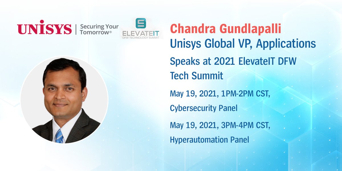 Unisys_Travel's tweet photo. We are at ElevateIT: DFW Technology Summit 2021! Join us for two engaging sessions on #cybersecurity and intelligent #automation.

Register Now! https://t.co/VmzVVitntw code: EBT21 https://t.co/uwskP8ncHd