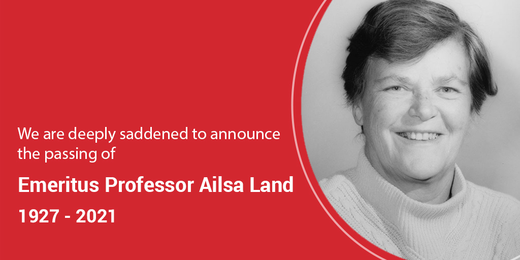 TheORSociety's tweet photo. We are deeply saddened to announce the passing of Emeritus Professor Ailsa Land.
 
Ailsa was a pioneer of operational research in post-war Britain, and achieved international distinction for her work in the field.

Our thoughts are with her family, friends, and colleagues. https://t.co/PG4QZfAU90