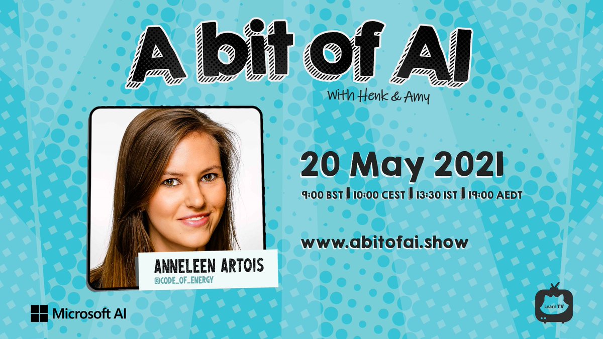 sethjuarez's tweet image. 📺 Join a brand new A bit of AI show Live, hosted by Henk (@hboelman) and Amy (@AmyKateNicho).

🤩 Guest Anneleen Artois (@code_of_energy)
📅 20 May 2021
⌚ 9:00 BST | 10:00 CEST | 13:30 IST | 19:00 AEDT

▶ aka.ms/abitofai/regis…
▶ aka.ms/abitofai