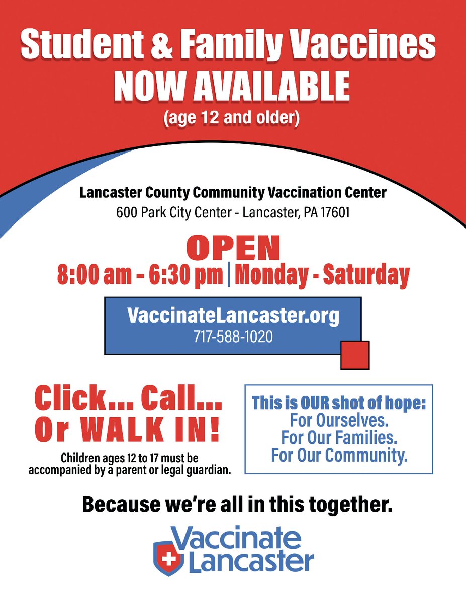 LancasterCounty's tweet image. Give your family a #shotofhope! Parents and children ages 12 and older can now get their COVID-19 vaccine together -- FREE -- at the Lancaster County Community Vaccination Center. Just call, click or walk-in today! bit.ly/3xZ2pQG #VaccinateLancaster