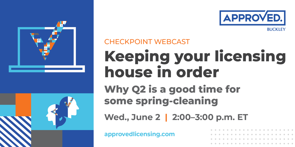 approvedlicense's tweet photo. Why is Q2 such a good time to give your licensing records a spring-cleaning? Join us for our next Checkpoint webcast where we will discuss this and share proactive steps for keeping up-to-date with regulators. Registration is open: https://t.co/n3UmUiY71y https://t.co/AF2ROkSUSY