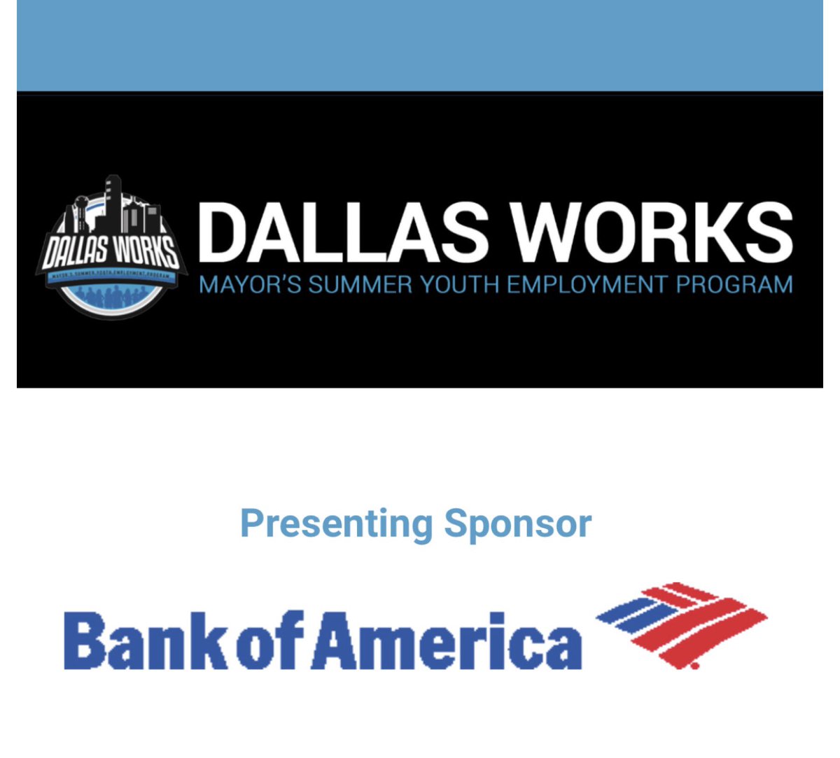 Thank you <a href="/BankofAmerica/">Bank of America</a> for being our #DallasWorks Presenting Sponsor! Thanks to Bank of America and other critical sponsors, hundreds of Dallas youth will be connected to employment opportunities this summer through the <a href="/DallasMayor/">Office of Mayor Eric L. Johnson</a> Summer Jobs Program. #HireDallasYouth