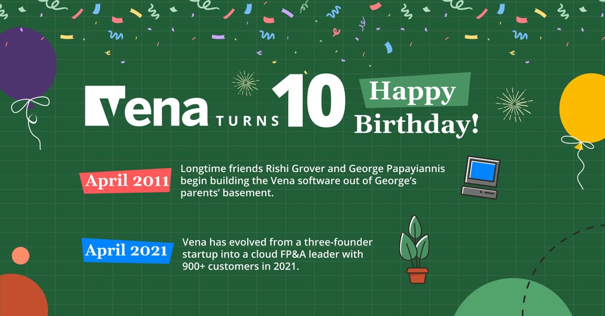 Vena turns 10 today! 🥳 We’ve grown to more than 900 global customers and 450+ employees in three countries with no signs of slowing down. 🤩 Join us at Vena Nation week as we plan to grow together. Register here: bit.ly/3uCkEJw  💪#Vena #VenaNationWeek #CFO #Finance