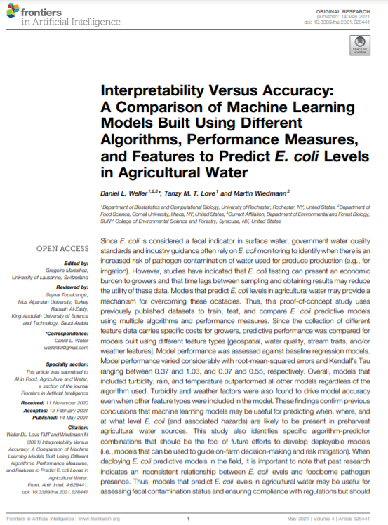 LettuceManDan's tweet photo. Excited that our paper comparing algorithms for predicting fecal indicator bacteria levels in ag water has been published in @FrontAIBigData: https://t.co/Fg7N9BGMfA. Thanks to @Cornell_FSL and @statsROC for their support on this project. https://t.co/zTRVSJ9yka