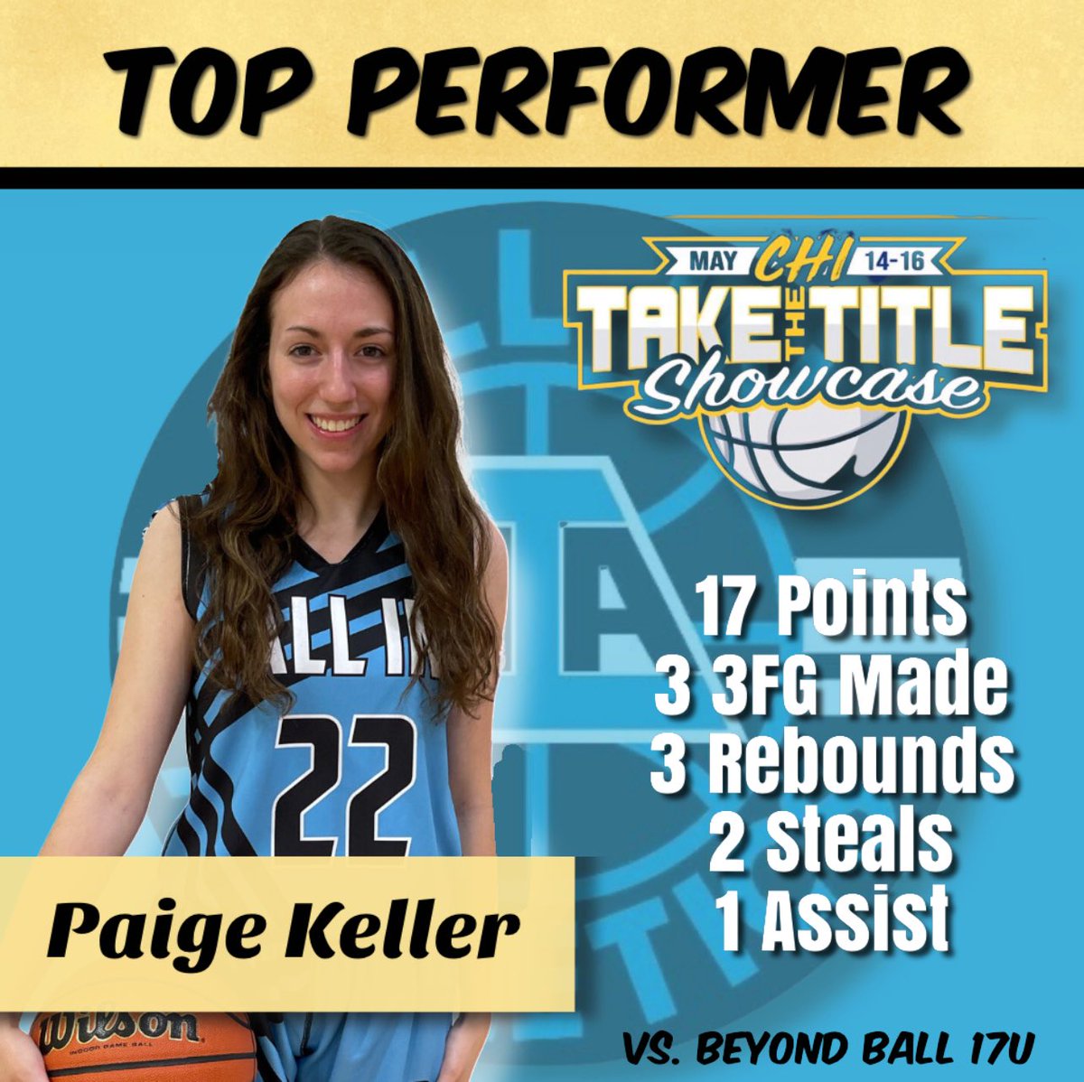 Another #ALLIN Top Performer from the @jrallstarevents Take The Title Showcase - 2022 guard @PaigeKeller22 of Crystal Lake Central High School! Paige has shot lights out from behind the arc all season 👌 She put up a game high 17 points & 3 three’s in a win over Beyond Ball!