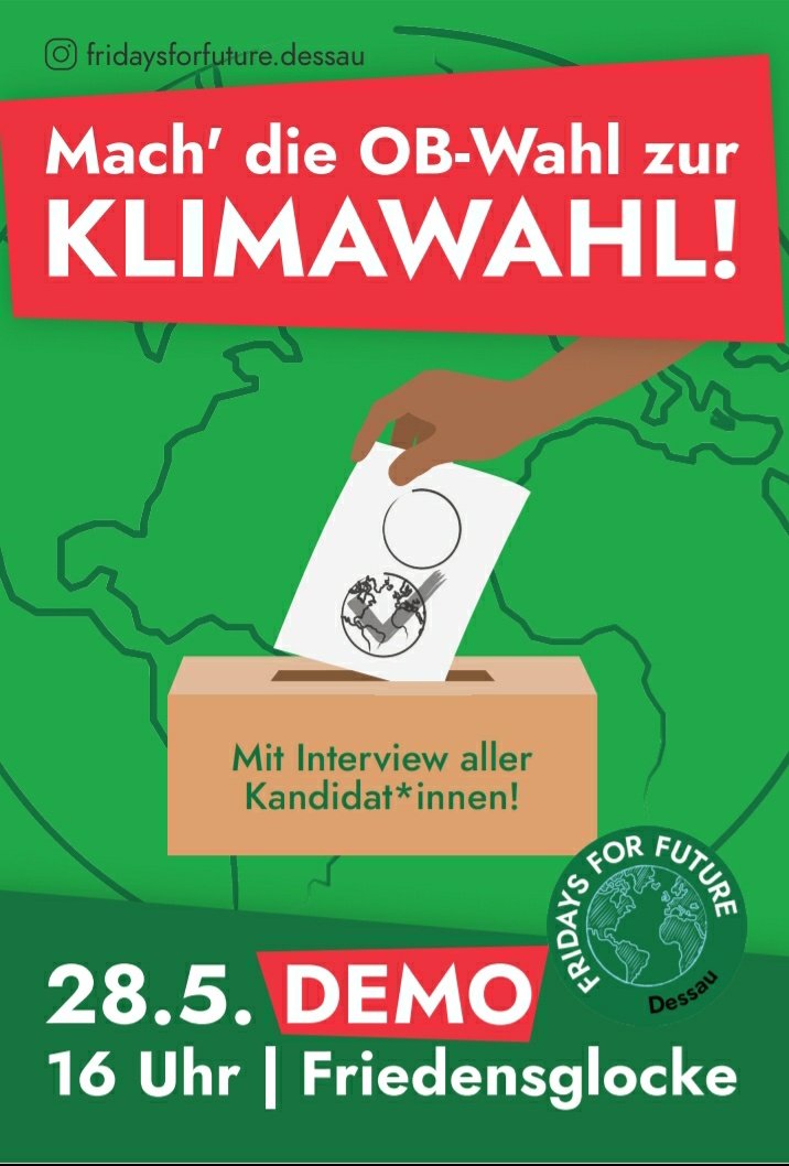 Am 06.06.2021 sind in Dessau OB- und Landtagswahlen ! 
Und um euch ein Stimmungsbild aller OB-Kandidaten zu geben, veranstalten wir am 28.05 eine Demo mit Befragung aller Kandidaten ;)

PS: für die Landtagswahl wird auch etwas geplant