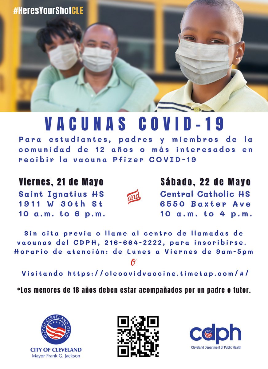 On Friday, 5/21, at Saint Ignatius HS and Saturday, 5/22, at Central Catholic HS, #CityofCleveland Dept of Public Health will offer the Pfizer #COVID19 vaccine to those 12 and older. Pre-register by calling 216-664-2222 or visiting clecovidvaccine.timetap.com/#/. #HeresYourShotCLE