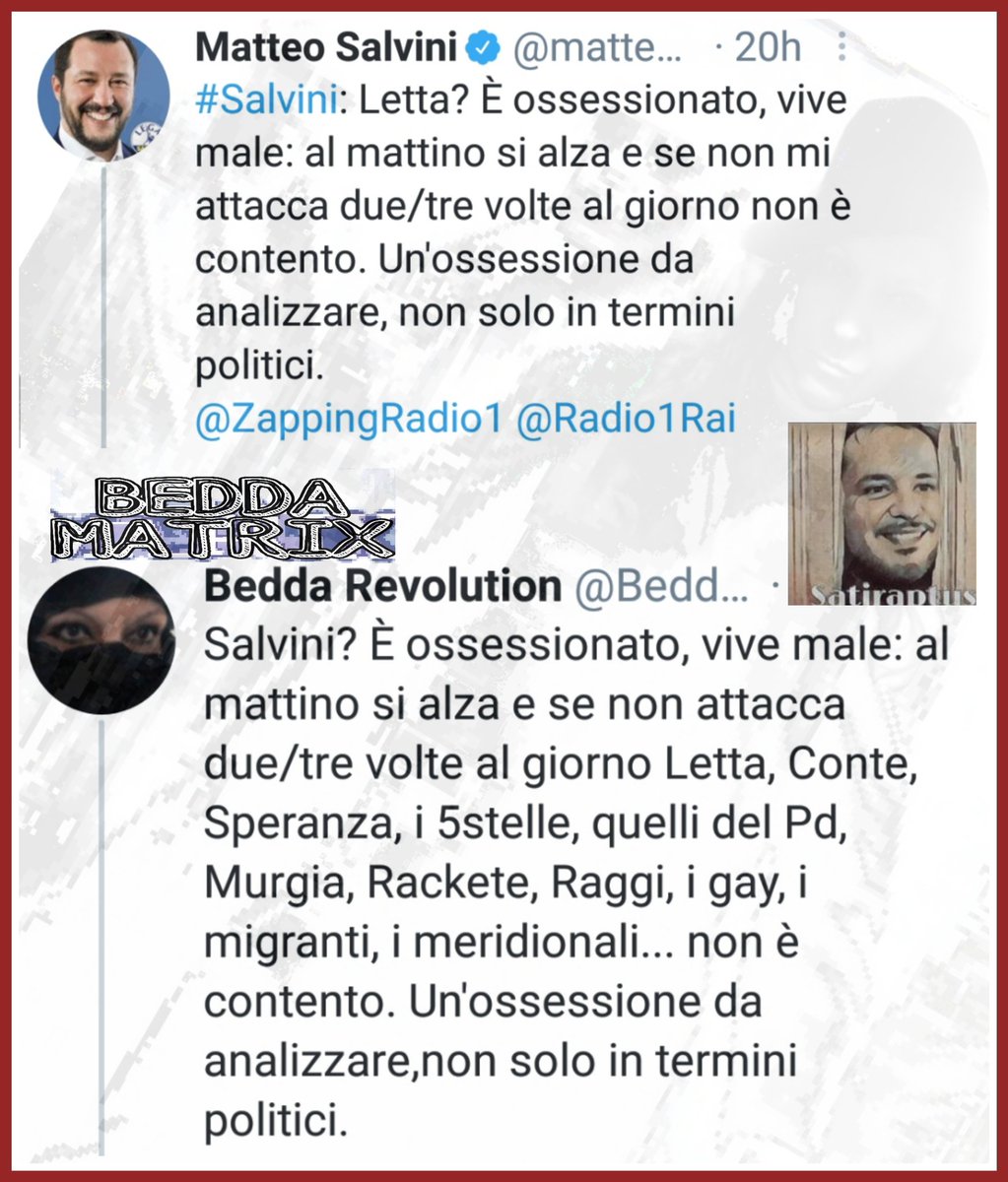Satiraptus's tweet photo. @bedda_matrix
#Salvini #zappingRadio1 #Letta https://t.co/9oUvoX4p8f