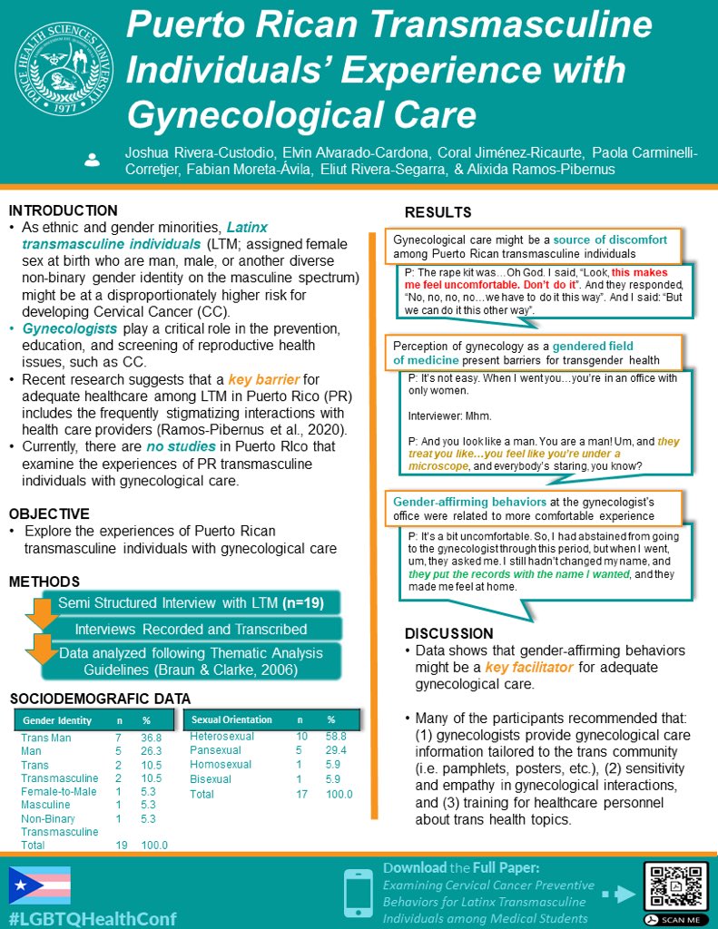 rivera_custodio's tweet photo. Tomorrow starts the #LGBTHealthConf and Iโm so pumped ๐๐
Hereโs my poster documenting Puerto Rican Transmasculine Individualsโ Experience with Gynecological Care ๐ต๐ท๐ณ๏ธโโง๏ธโ๏ธ
I also included a QRCode for a recent paper from the Research Team
#TransHealth #Latinx #ReproductiveHealth https://t.co/RpQvQE0oXg