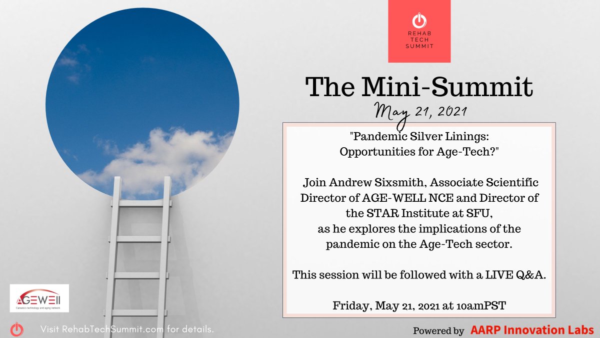 RehabTechSummit's tweet image. Why has there been so much innovation in the #aging space during the pandemic and what is the future of age-tech? Join Andrew Sixsmith for a talk on the silver lining of the pandemic, to be followed with a live Q&amp;amp;A. Tickets at rehabtechsummit.com/mini-summit. 

#gerontech #agetech